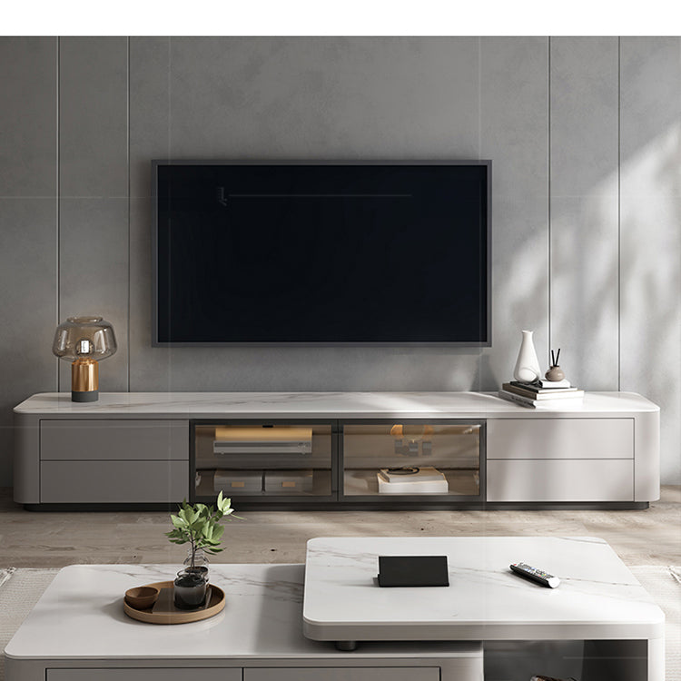 シンプルでスタイリッシュなセラミック＆無垢材製テレビ台 - ガラス扉付きモダンデザイン fjys-3003