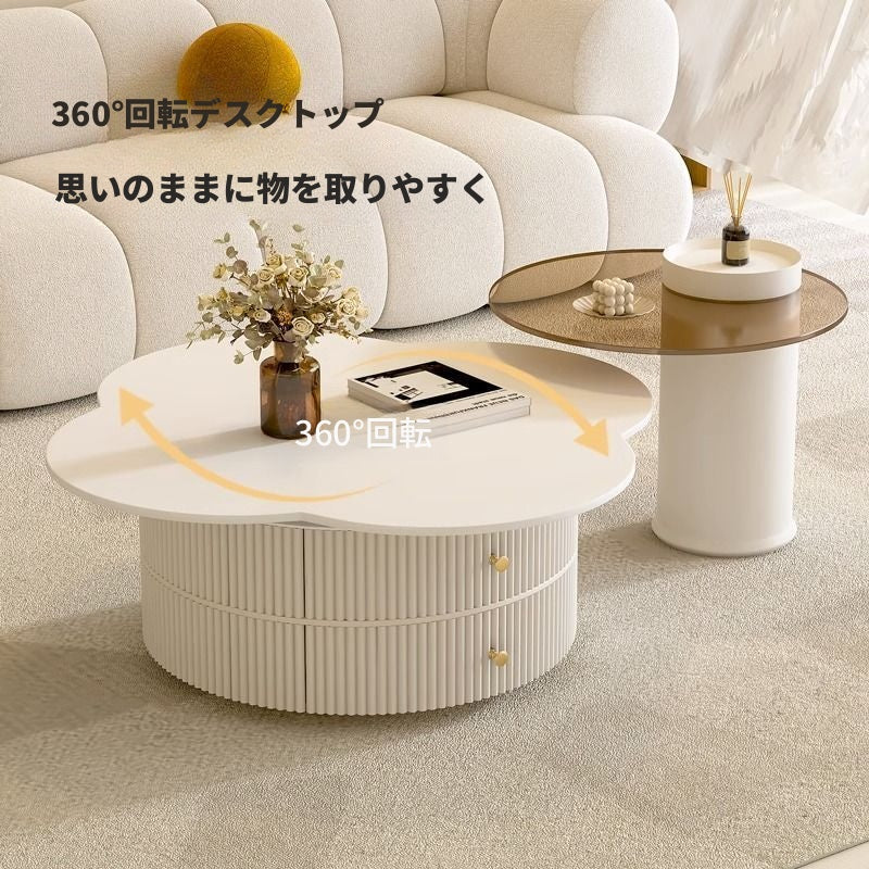 ローテーブル　Coffee table 天板回転可能　ホワイトセラミック 強化ガラス htt-3847