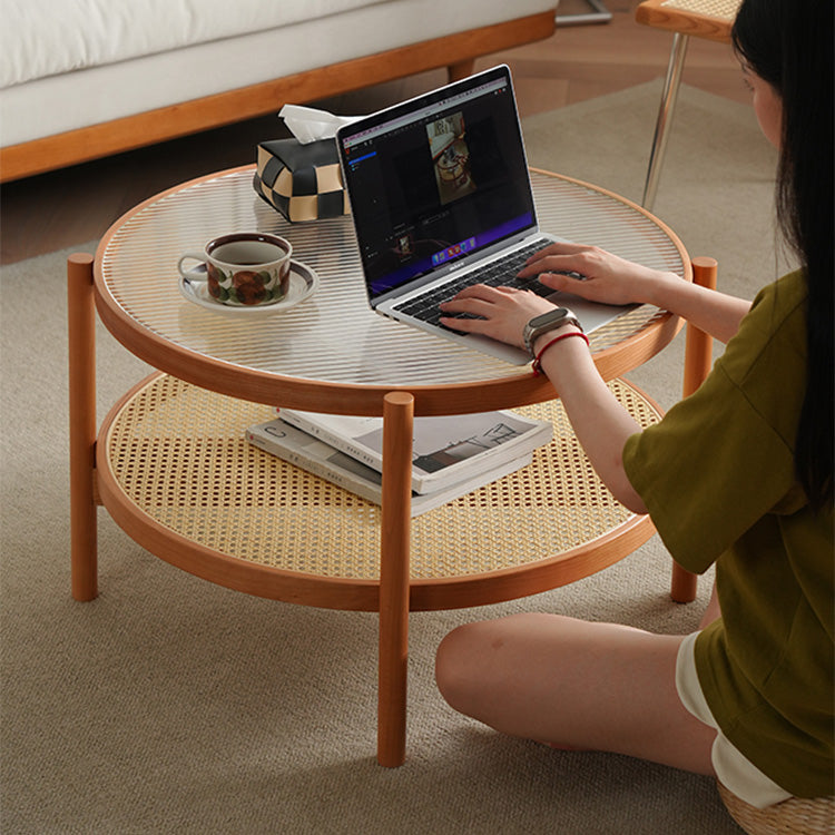 センターテーブル - ラタンアクセント付き　チェリー材とガラス使用　 fyx-880