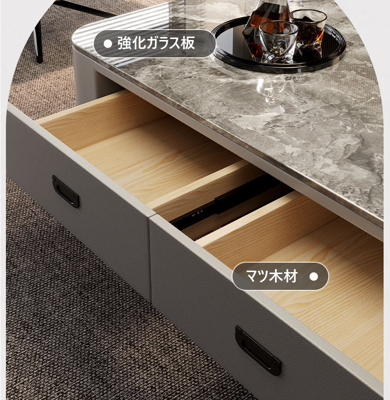 リビングローテーブル　センターテーブル高級感強化ガラス天板使用　引き出し付き収納力抜群　スタイリッシュなデザインhsq-3497