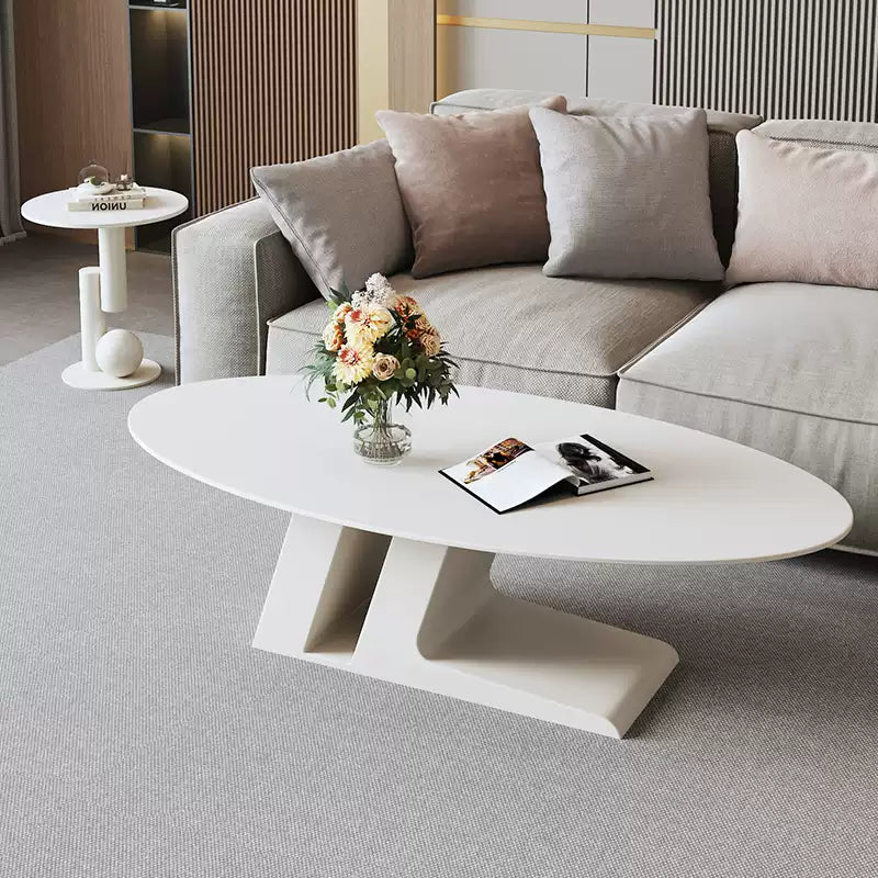 楕円のリビングテーブル　Coffee table ホワイト ブラック　大理石柄のセラミック天板　アイアン脚フレーム htt-3852