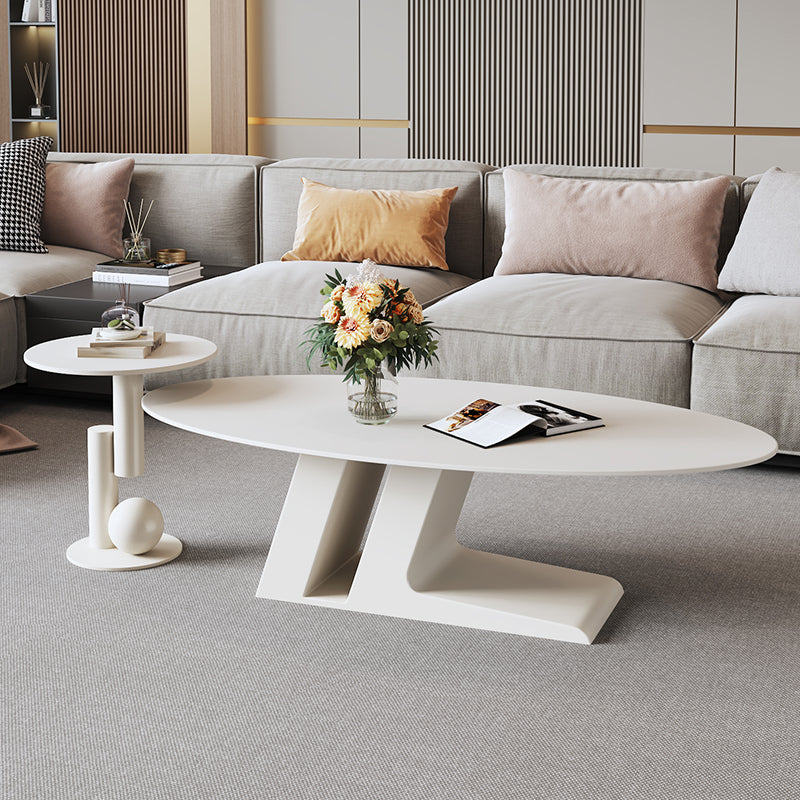 楕円のリビングテーブル　Coffee table ホワイト ブラック　大理石柄のセラミック天板　アイアン脚フレーム htt-3852