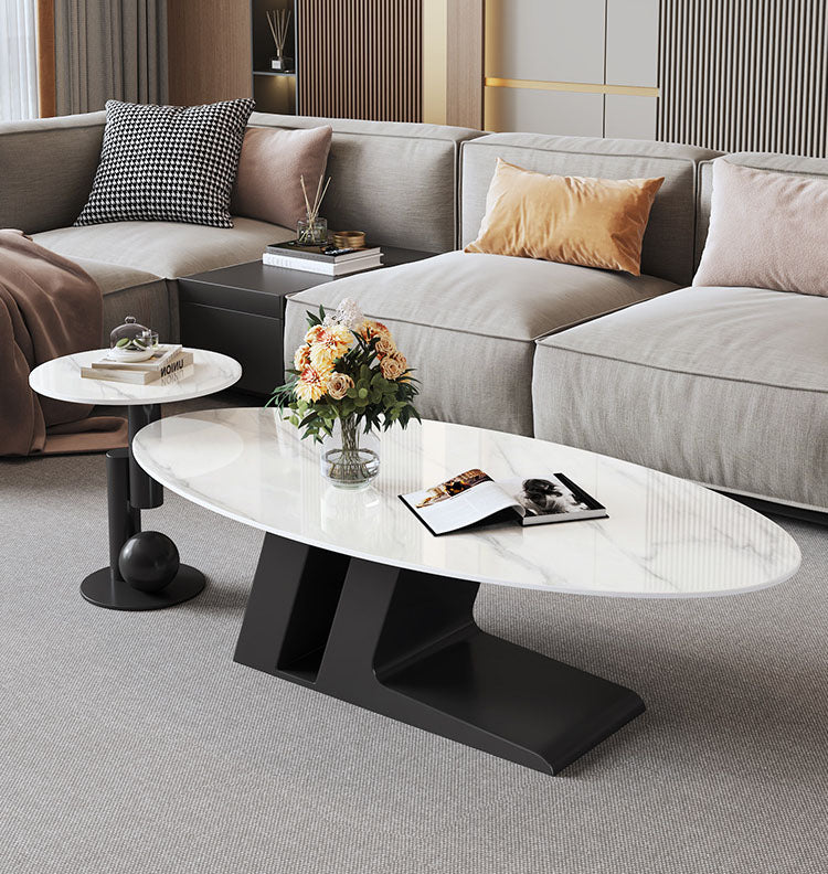 楕円のリビングテーブル　Coffee table ホワイト ブラック　大理石柄のセラミック天板　アイアン脚フレーム htt-3852