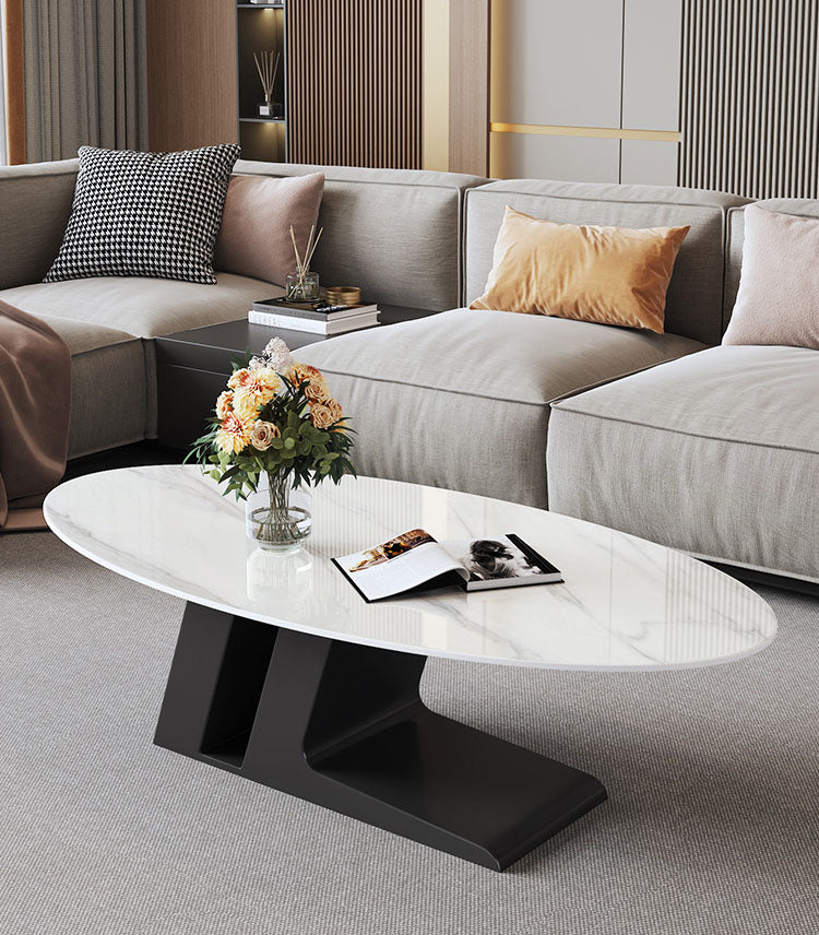 楕円のリビングテーブル　Coffee table ホワイト ブラック　大理石柄のセラミック天板　アイアン脚フレーム htt-3852