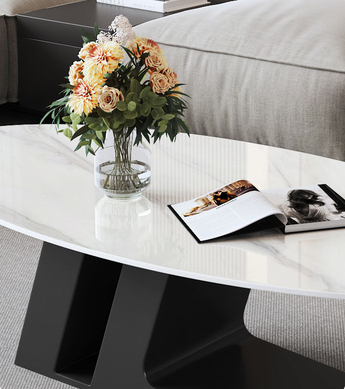 楕円のリビングテーブル　Coffee table ホワイト ブラック　大理石柄のセラミック天板　アイアン脚フレーム htt-3852