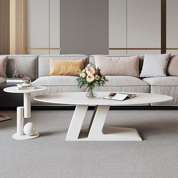 楕円のリビングテーブル　Coffee table ホワイト ブラック　大理石柄のセラミック天板　アイアン脚フレーム htt-3852
