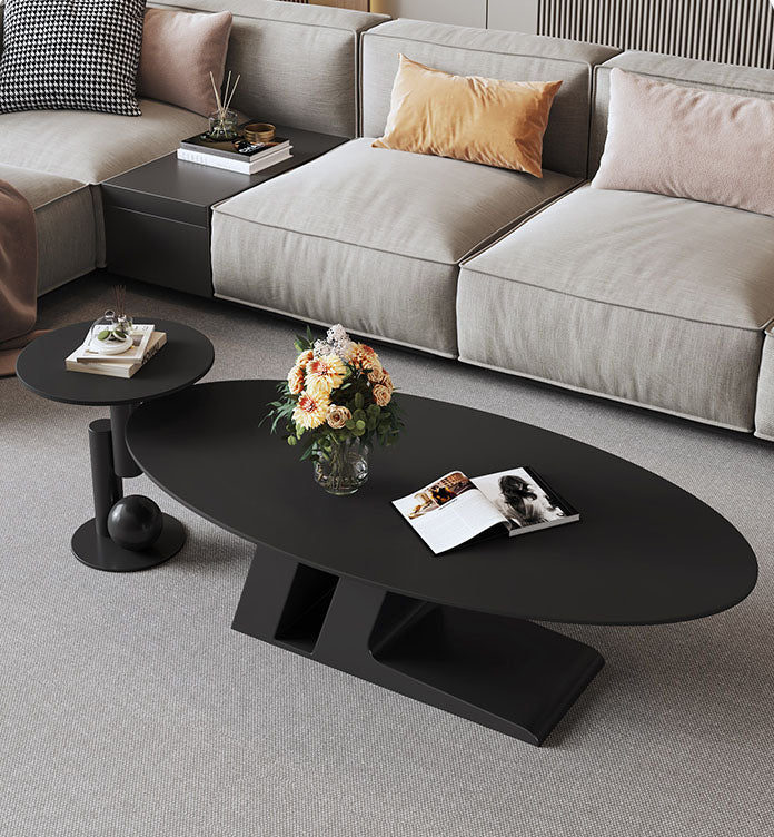 楕円のリビングテーブル　Coffee table ホワイト ブラック　大理石柄のセラミック天板　アイアン脚フレーム htt-3852