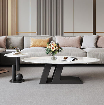 楕円のリビングテーブル　Coffee table ホワイト ブラック　大理石柄のセラミック天板　アイアン脚フレーム htt-3852