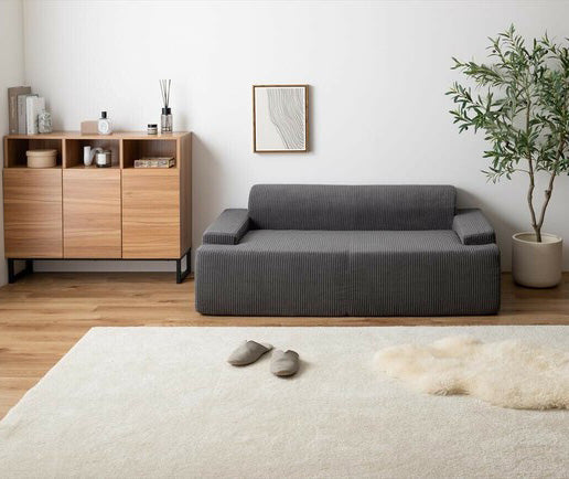 【在庫品】2人掛　3人掛けソファ　コーデュロイ生地のローソファー　完成品sup-13729374